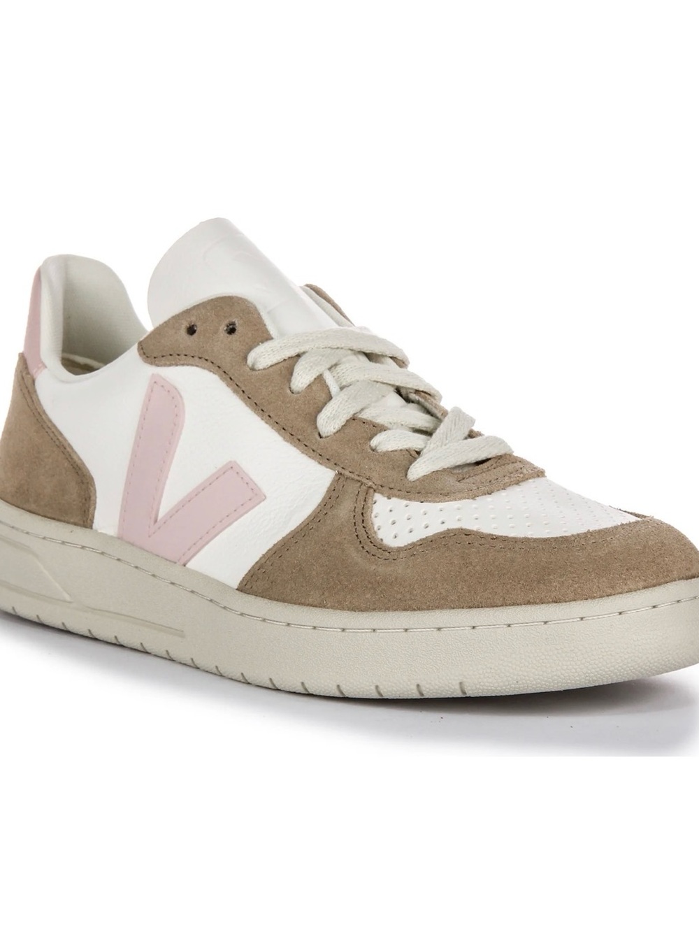 Veja V-10 Women's White, Taupe & Pink Leather Suede Sneaker